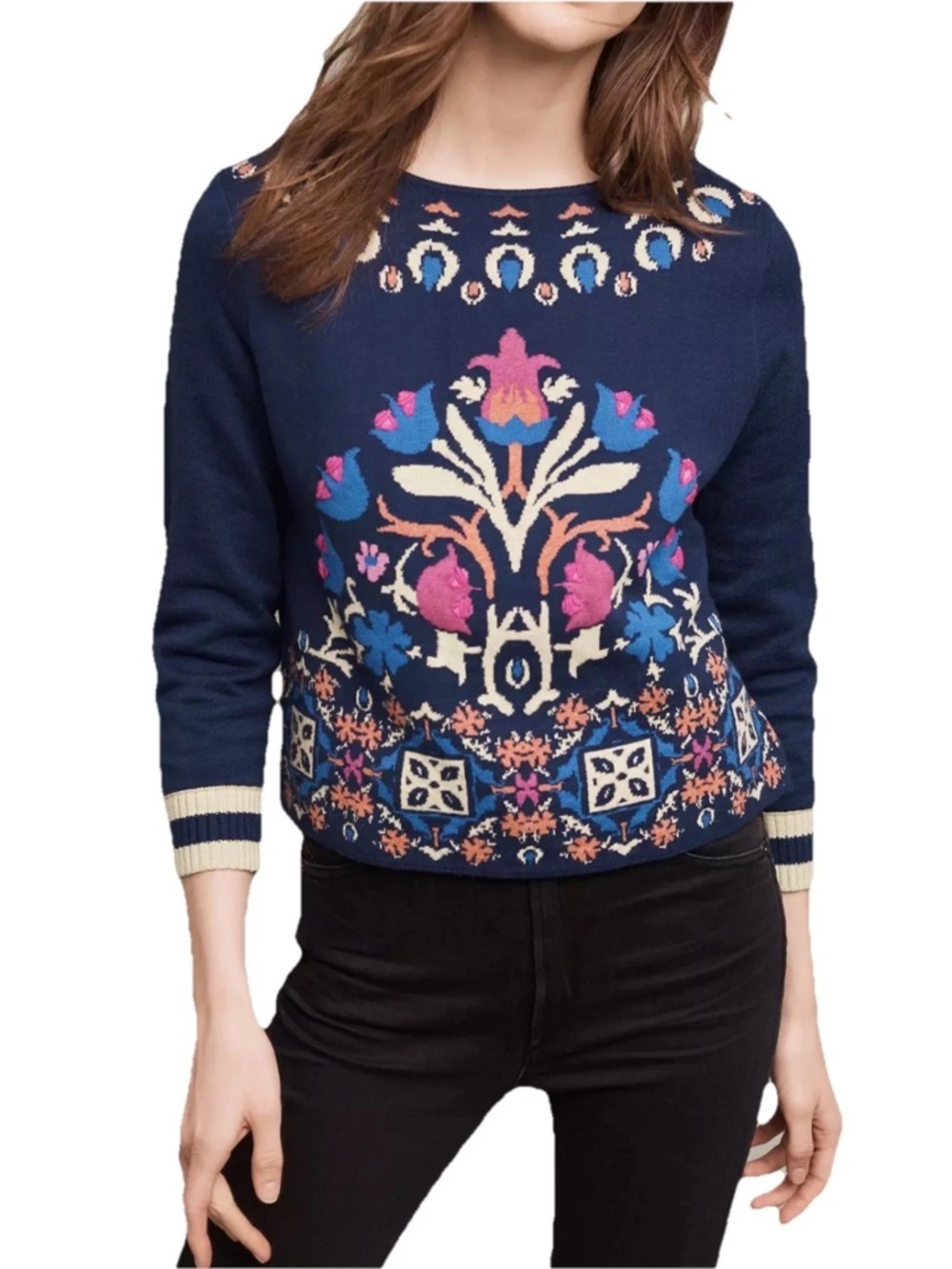 Anthropologie Navy HWT Floral Intarsia Sweater, Navy, Crewneck, 3/4 Sleeve